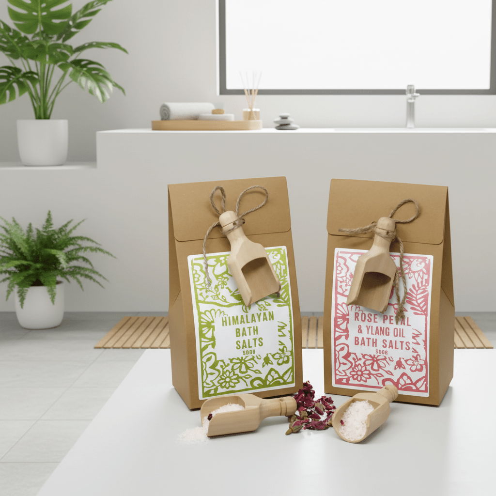 Two brown paper bags with bath salt packaging on a bathroom counter.