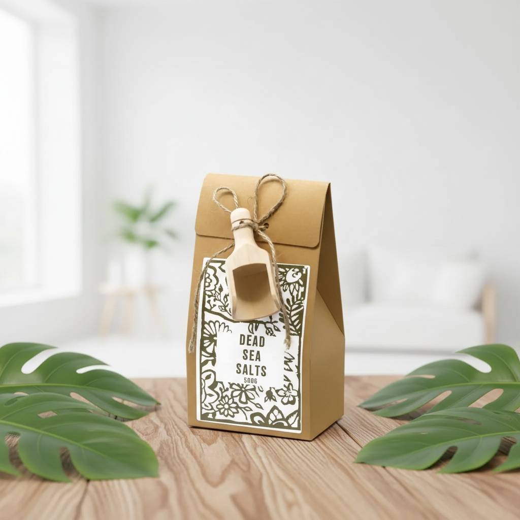 Brown paper bag with 'Dead Sea Salts' label on a wooden surface with green leaves.