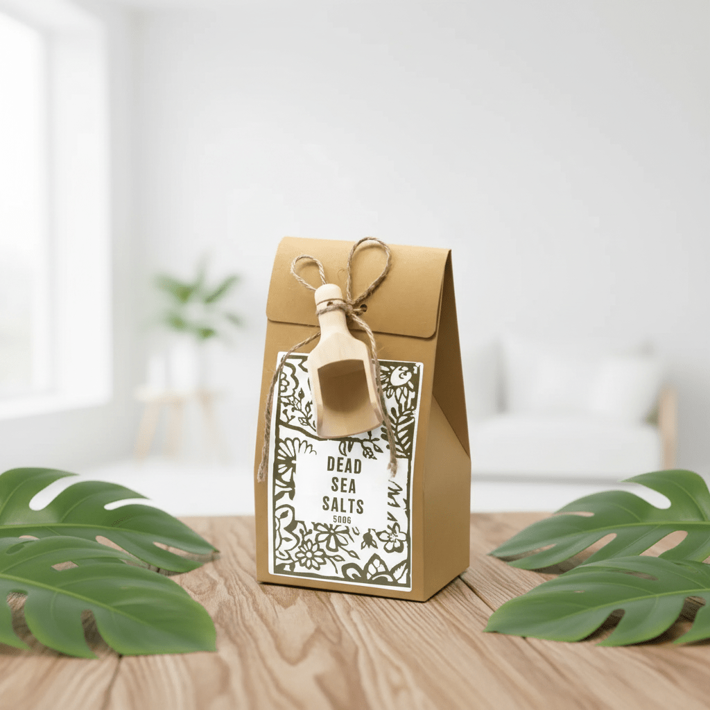 Brown paper bag with 'Dead Sea Salts' label on a wooden surface with green leaves.