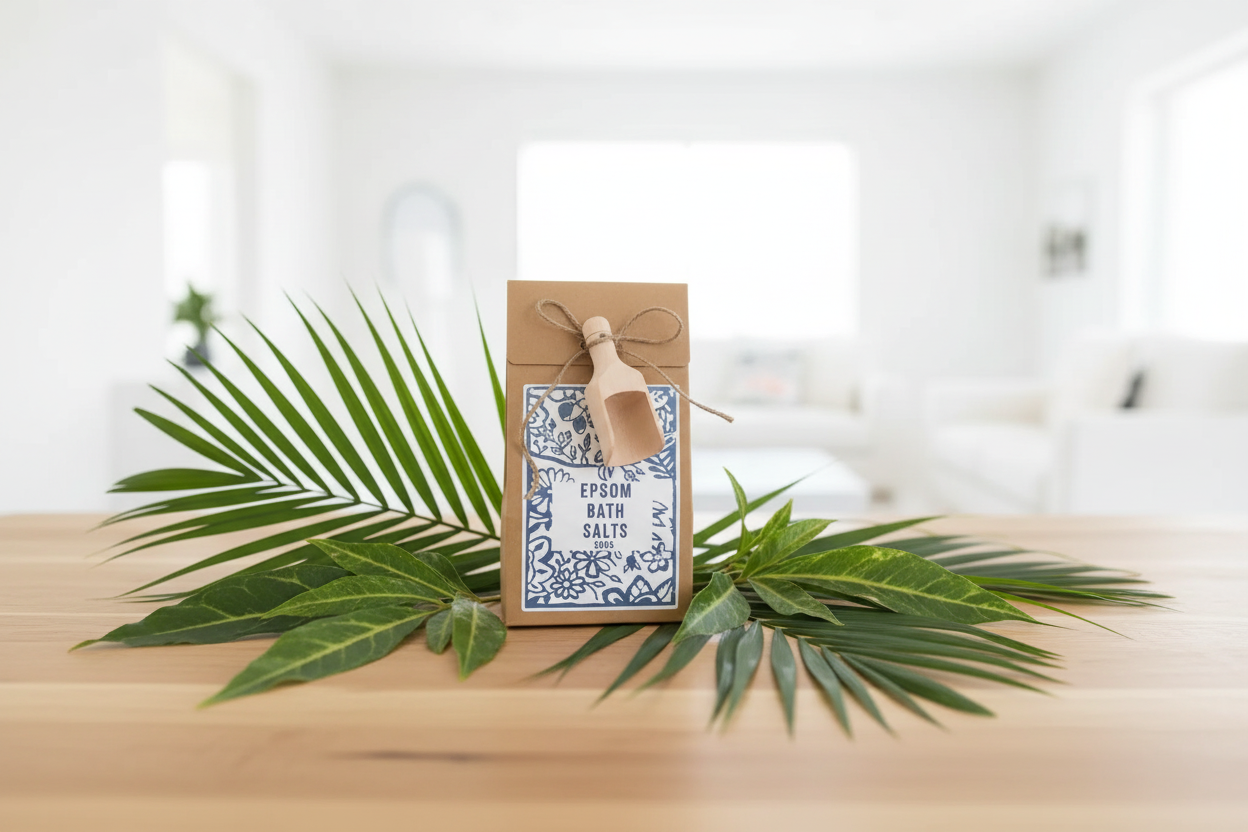Bath salts packaging with a palm leaf on a wooden surface
