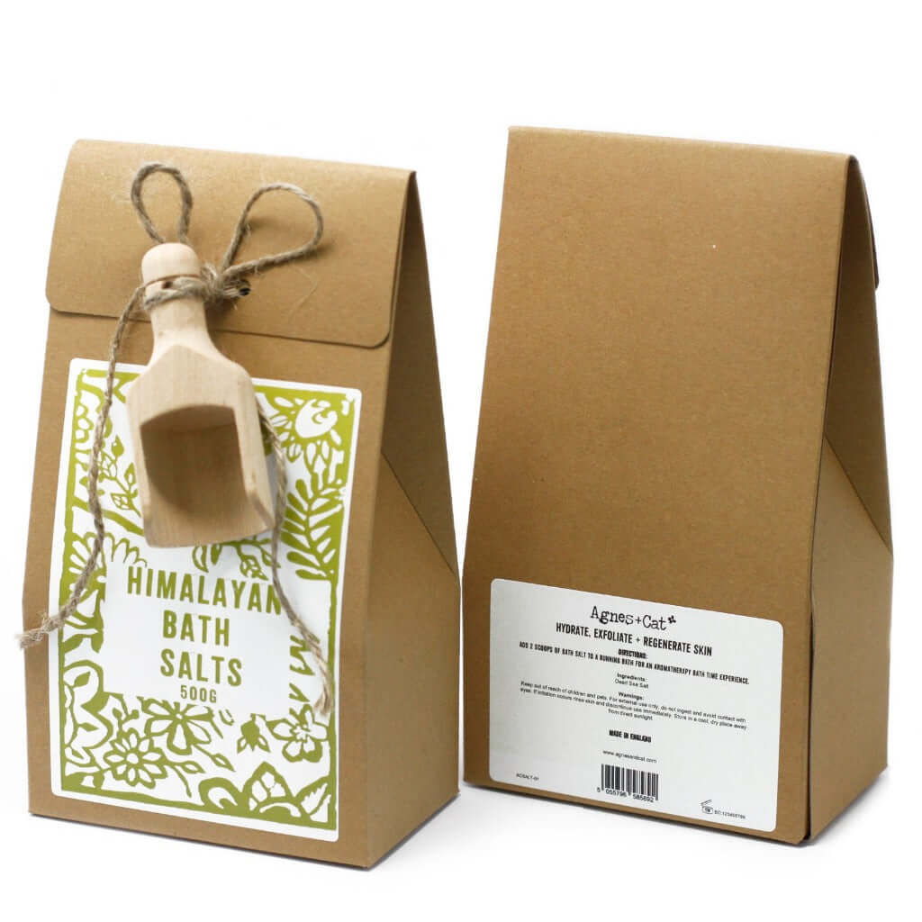 Emmy Jane - Natural Bath Salts - 500g Agnes & Cat - Vegan Friendly. Agnes & Cat bath salts are mixed and packed in small batches in our production room in Sheffield. We use natural and vegan-friendly ingredients. All bath salts are beautifully presented in a box with an attached wooden scoop.