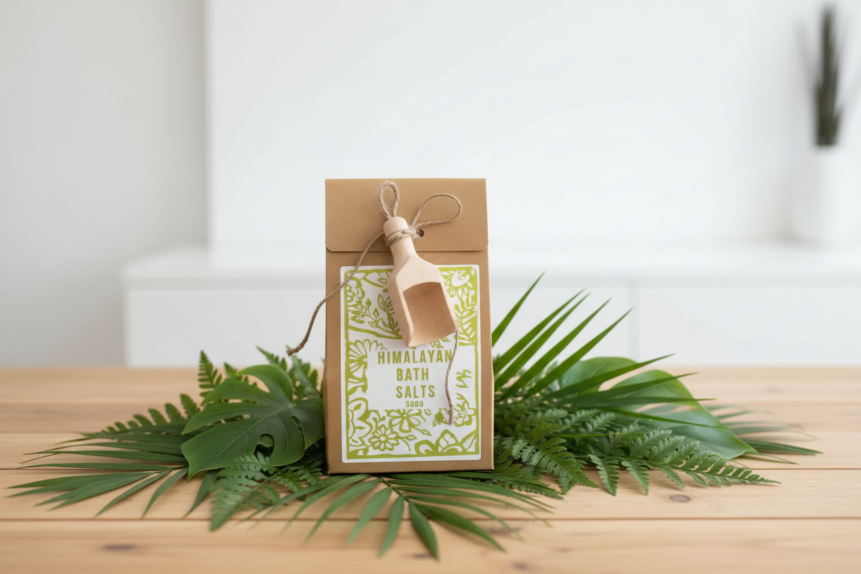 Box of Himalayan bath salts with a decorative tag on a wooden surface with green leaves.