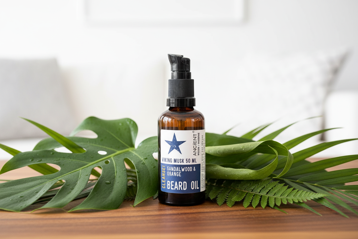 Beard oil bottle with a star label on a wooden surface with green leaves