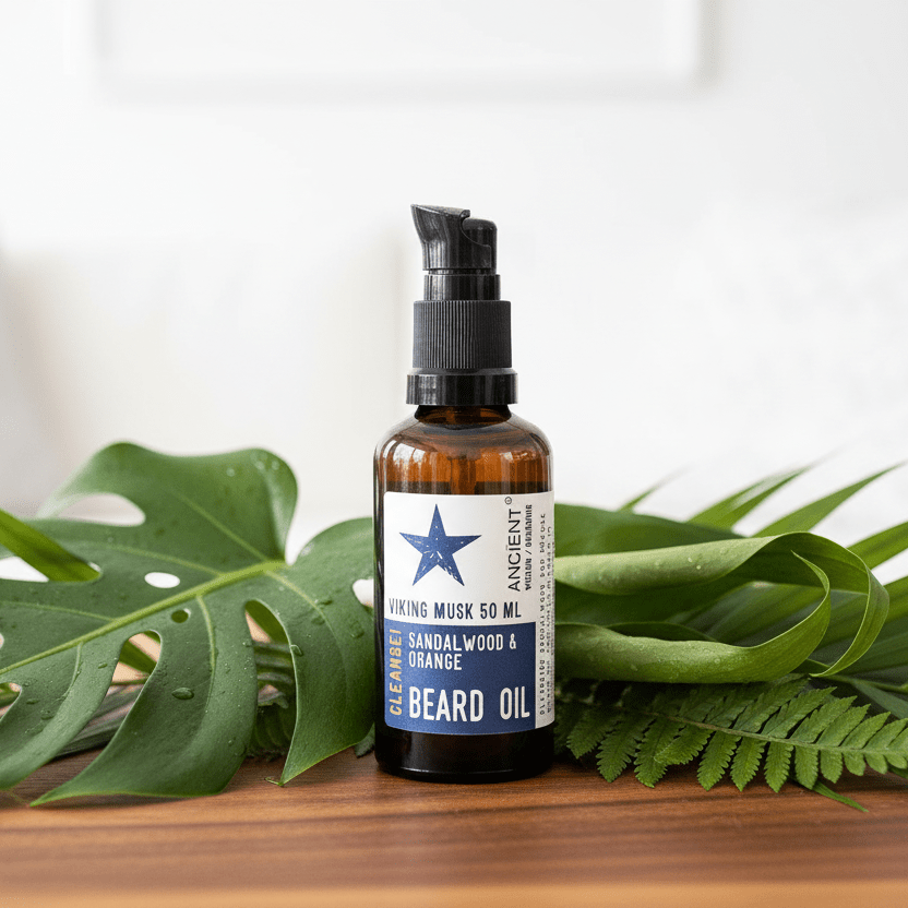 Beard oil bottle with a star label on a wooden surface with green leaves