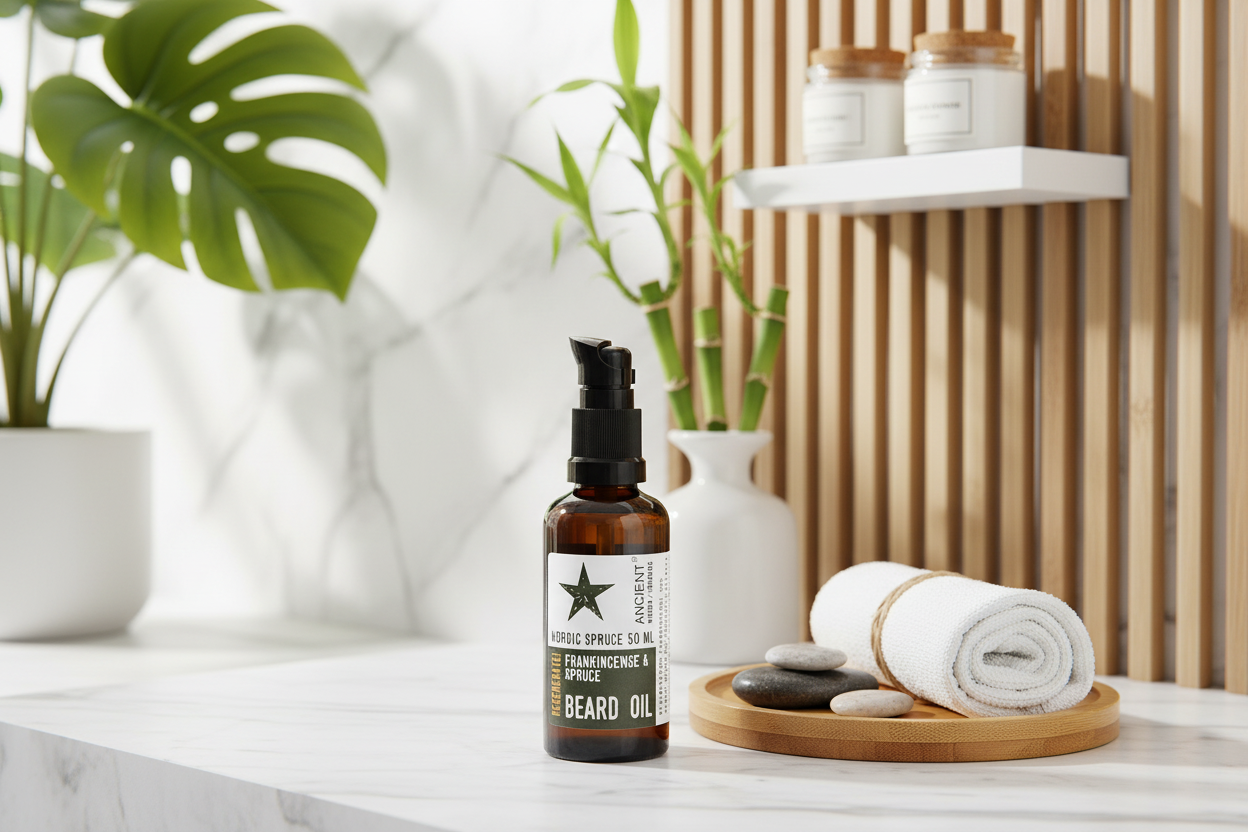 Beard oil bottle on a bathroom counter with plants and towels in the background