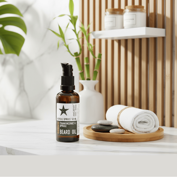 Beard oil bottle on a bathroom counter with plants and towels in the background