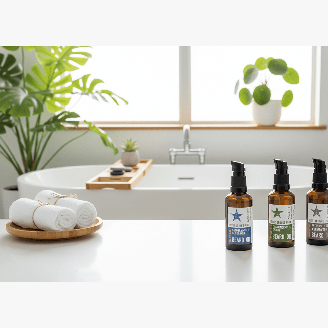 Three bottles of beard oil on a bathroom counter with a bathtub and plants in the background.