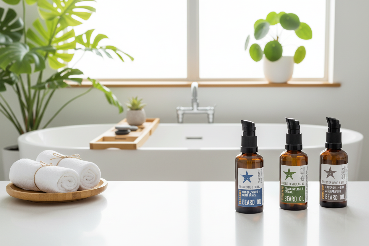 Three bottles of beard oil on a bathroom counter with a bathtub and plants in the background.