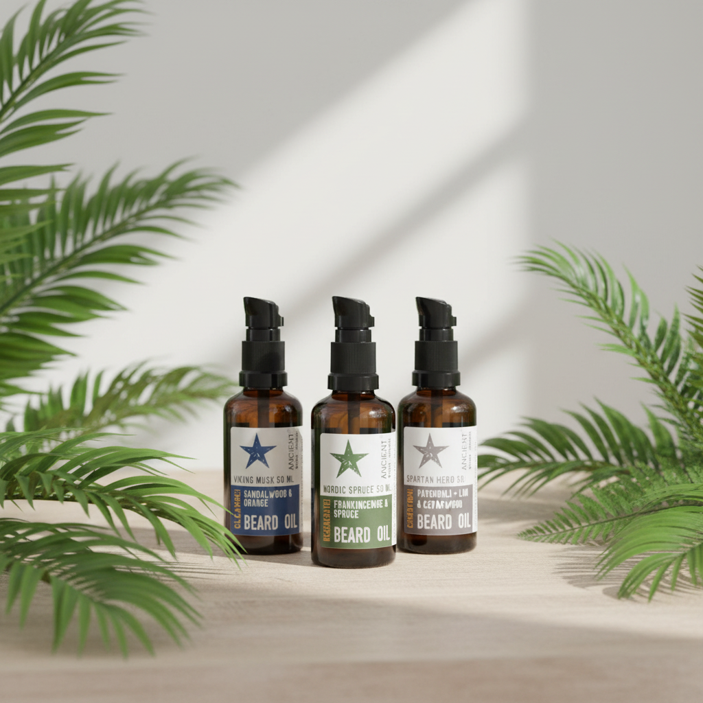 Three bottles of beard oil with labels on a wooden surface with green leaves in the background