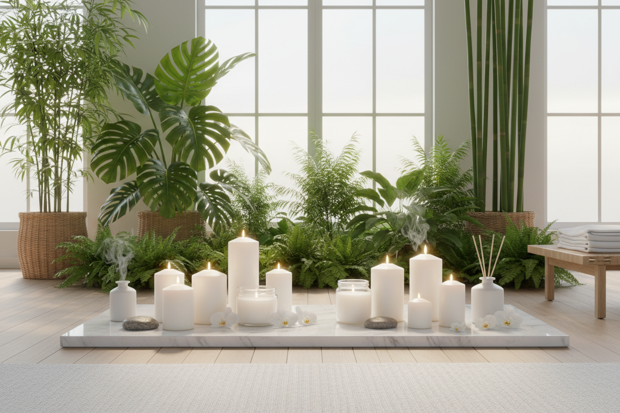 beautiful white candles, relaxing atmosphere, clean white living space, clear picture, eco-friendly natural decor, natural spa, exotic green foliage, professional product photography