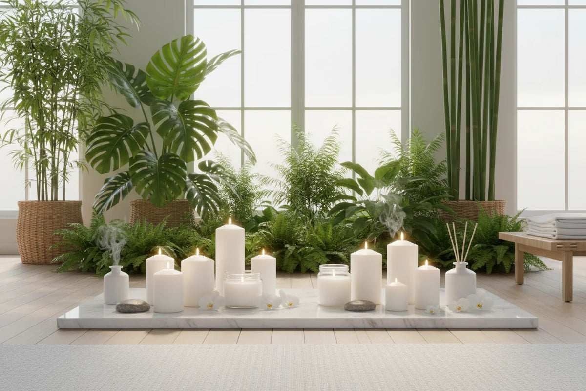 White candles on a marble surface with green plants in the background