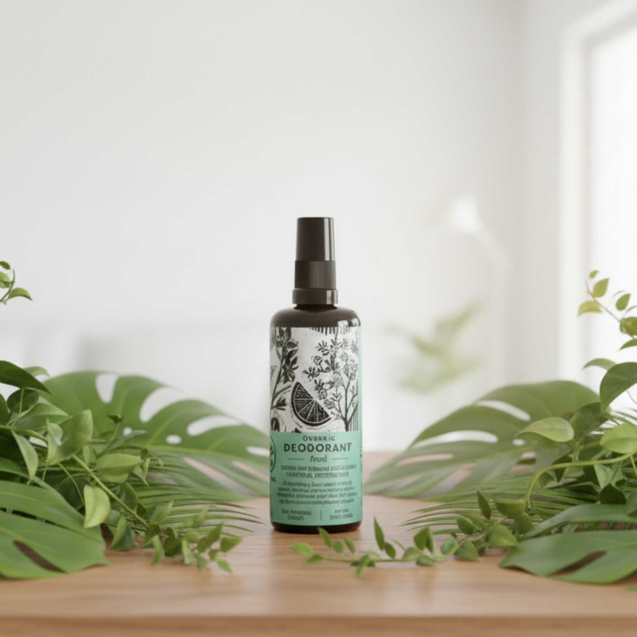 Deodorant bottle with green label on a wooden surface with plants in the background