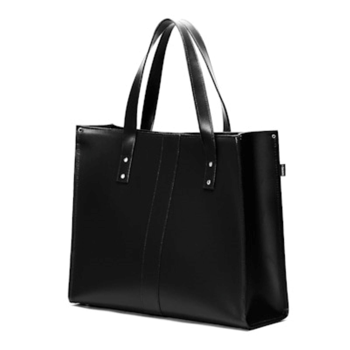 Black leather tote bag on a white background