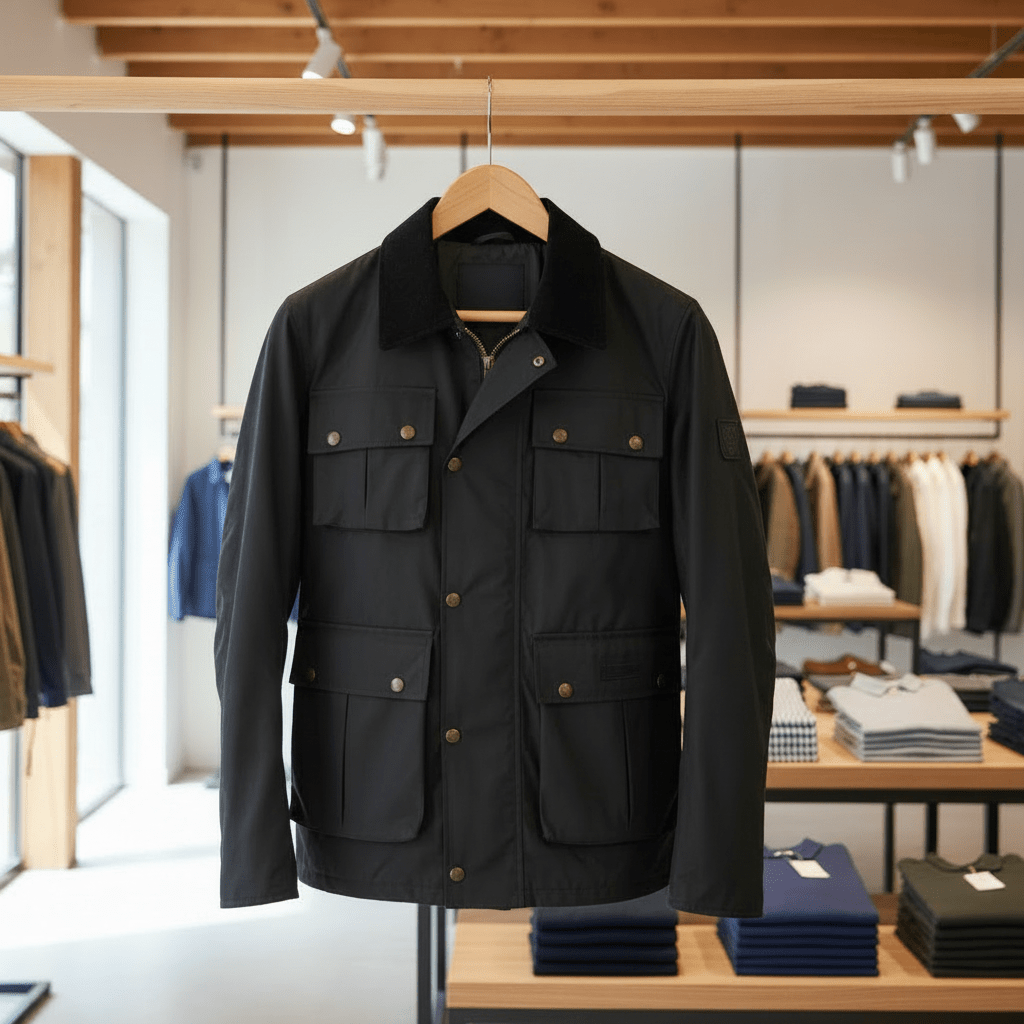 Black jacket on a hanger in a clothing store