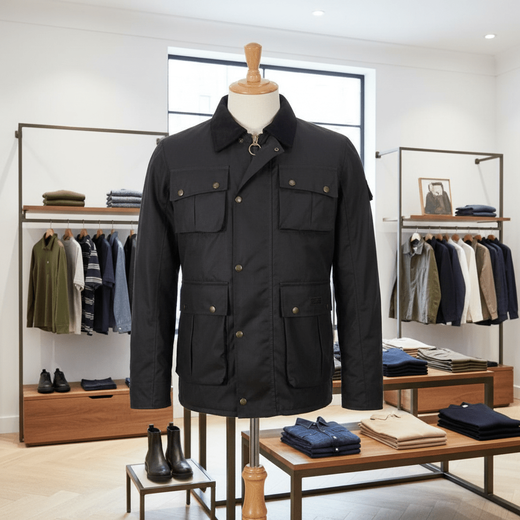 Black jacket on a mannequin in a clothing store setting with racks of clothes and shoes in the background.