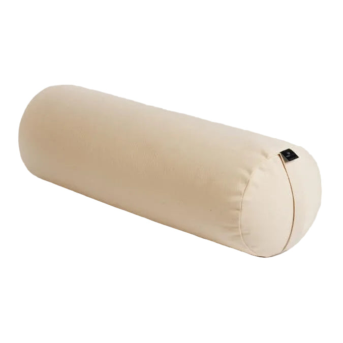 Beige cylindrical yoga bolster on a white background