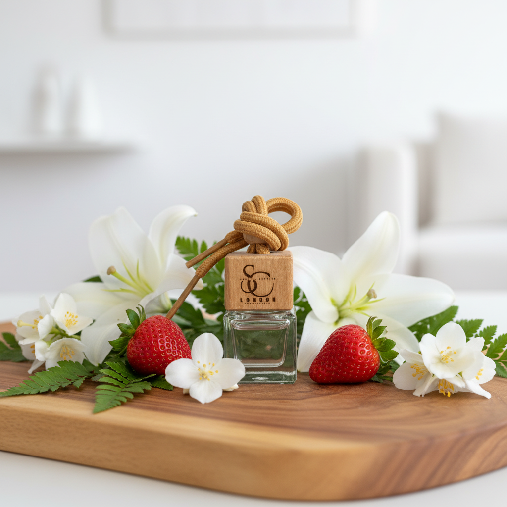 A small glass car diffuser bottle with a tan wooden block cap and knotted cord, styled on a wooden board with white lilies, white flowers, and strawberries in a bright indoor setting
