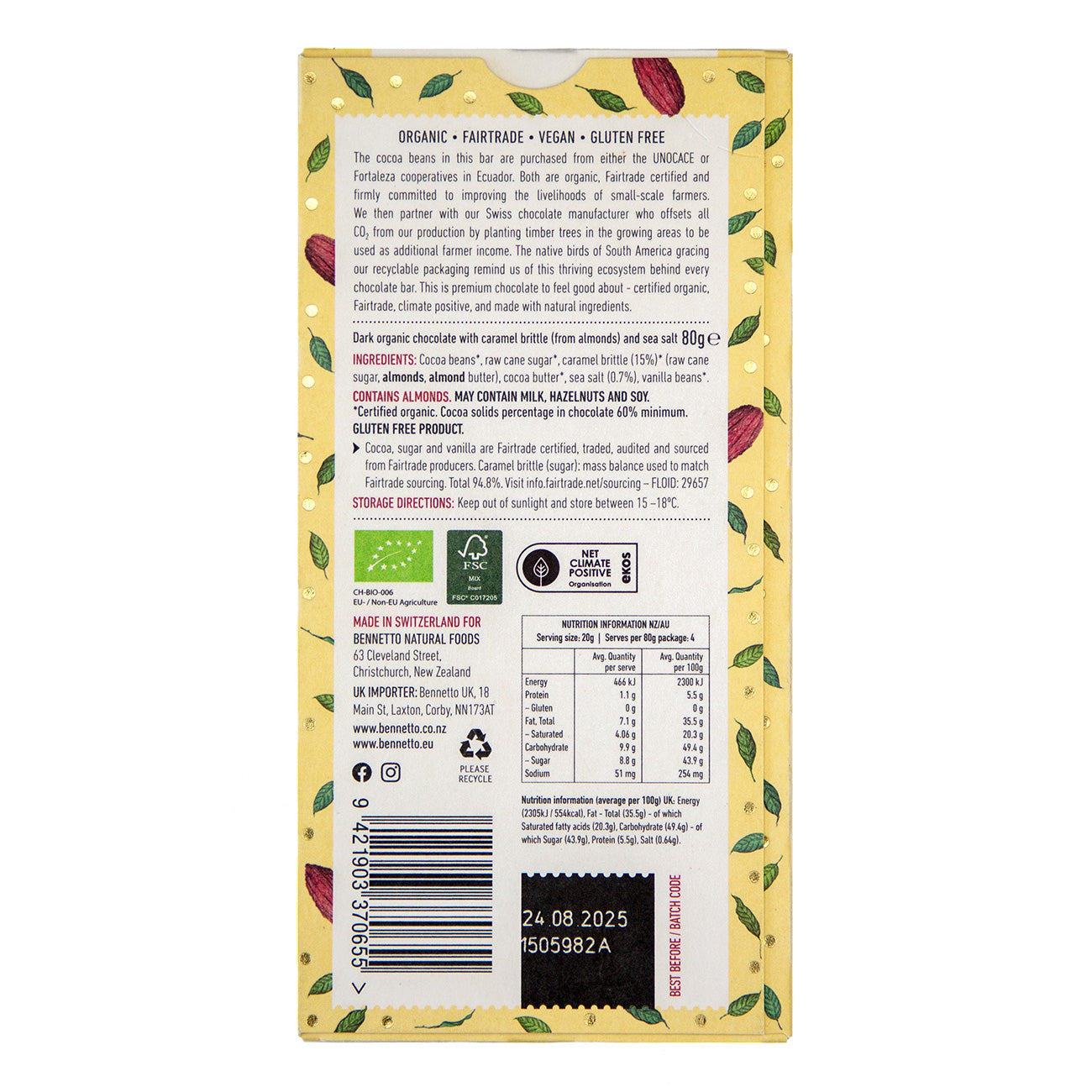 Back of a chocolate bar packaging with nutritional information and certification logos on a white background