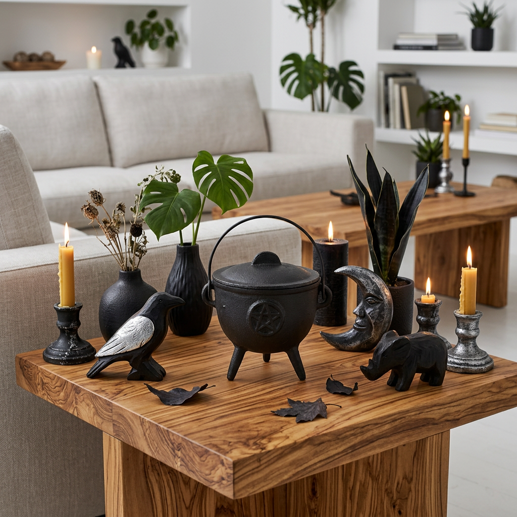 A styled living room scene with a wooden coffee table holding a black cauldron, black bird figurine, black elephant figurine, black moon and star candle holder, black leaf ornaments, and black vases with green plants and dried stems. A beige sofa and shelves with books and plants are visible in the background.