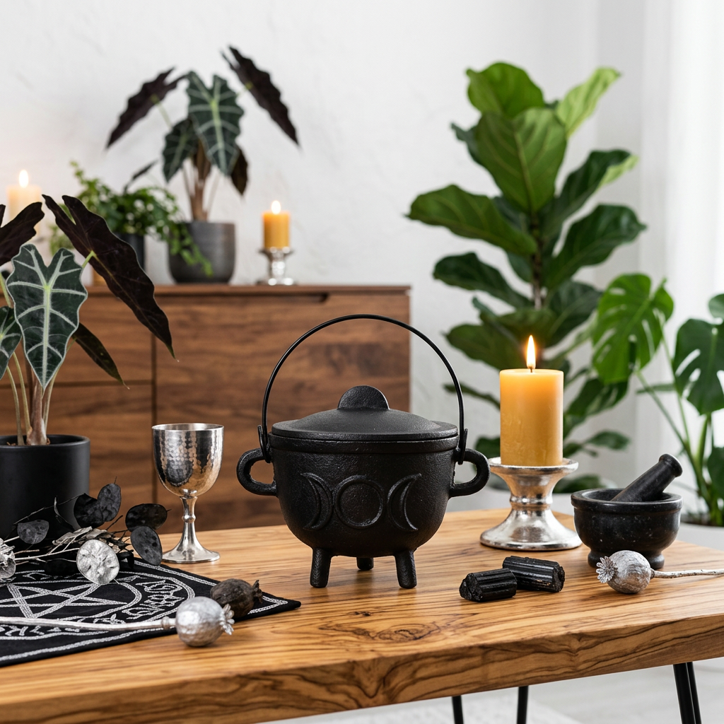 A black triple moon cauldron with a handle and lid sits on a wooden table, surrounded by ritual props including a silver goblet, lit yellow candles, a mortar and pestle, silver balls, and a black altar cloth. The background features a wooden cabinet, more potted plants, and a white wall.
