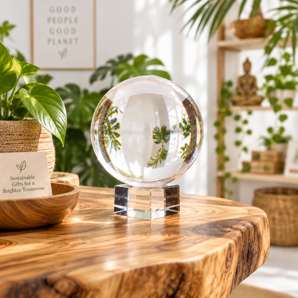 A clear glass crystal sphere ornament resting on a matching clear glass stand, placed on a wooden table in a bright, plant-filled room.