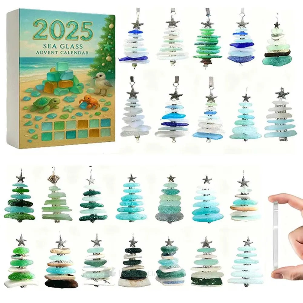 2025 Sea Glass Advent Calendar with sea glass Christmas trees and a hand holding one.