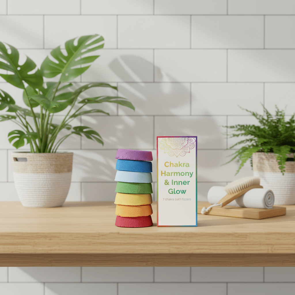 Stack of colourful chakra bath fizzers on a wooden surface with a box labelled 'Chakra Harmony & Inner Glow' in a home setting.