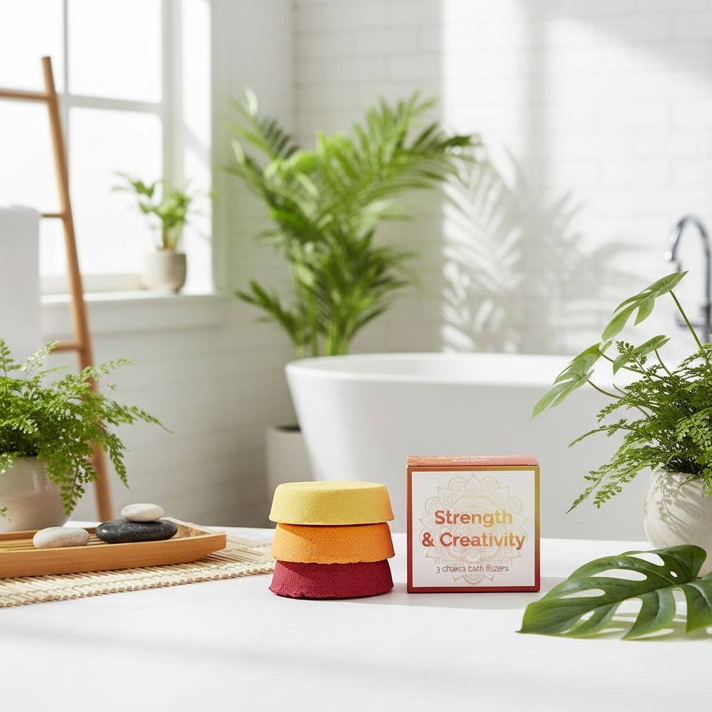 Decorative items, including a stack of colourful bath fizzers and a card with 'Strength & Creativity' text, placed on a surface with plants in the background.