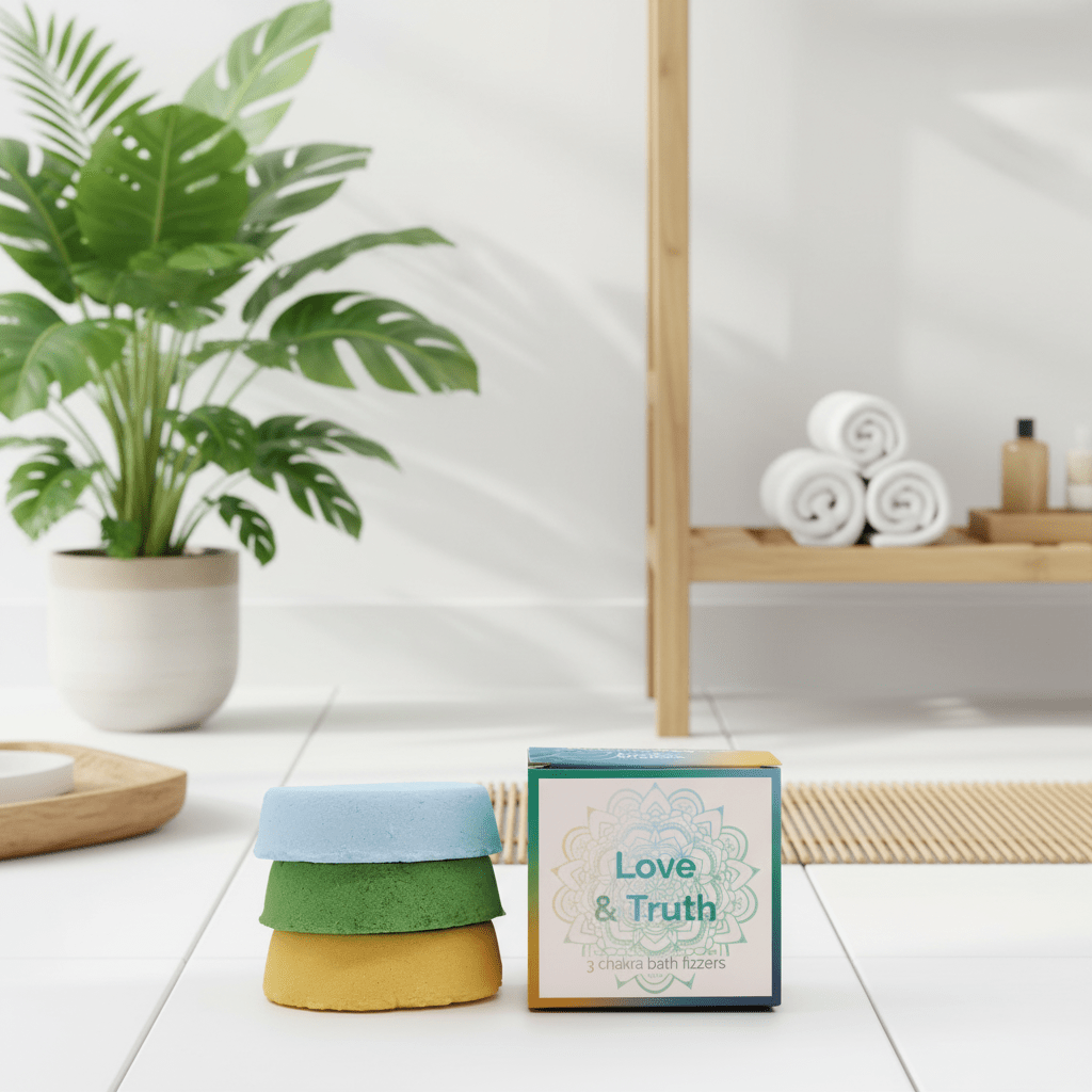 Bath products with a 'Love & Truth' box in a bathroom setting