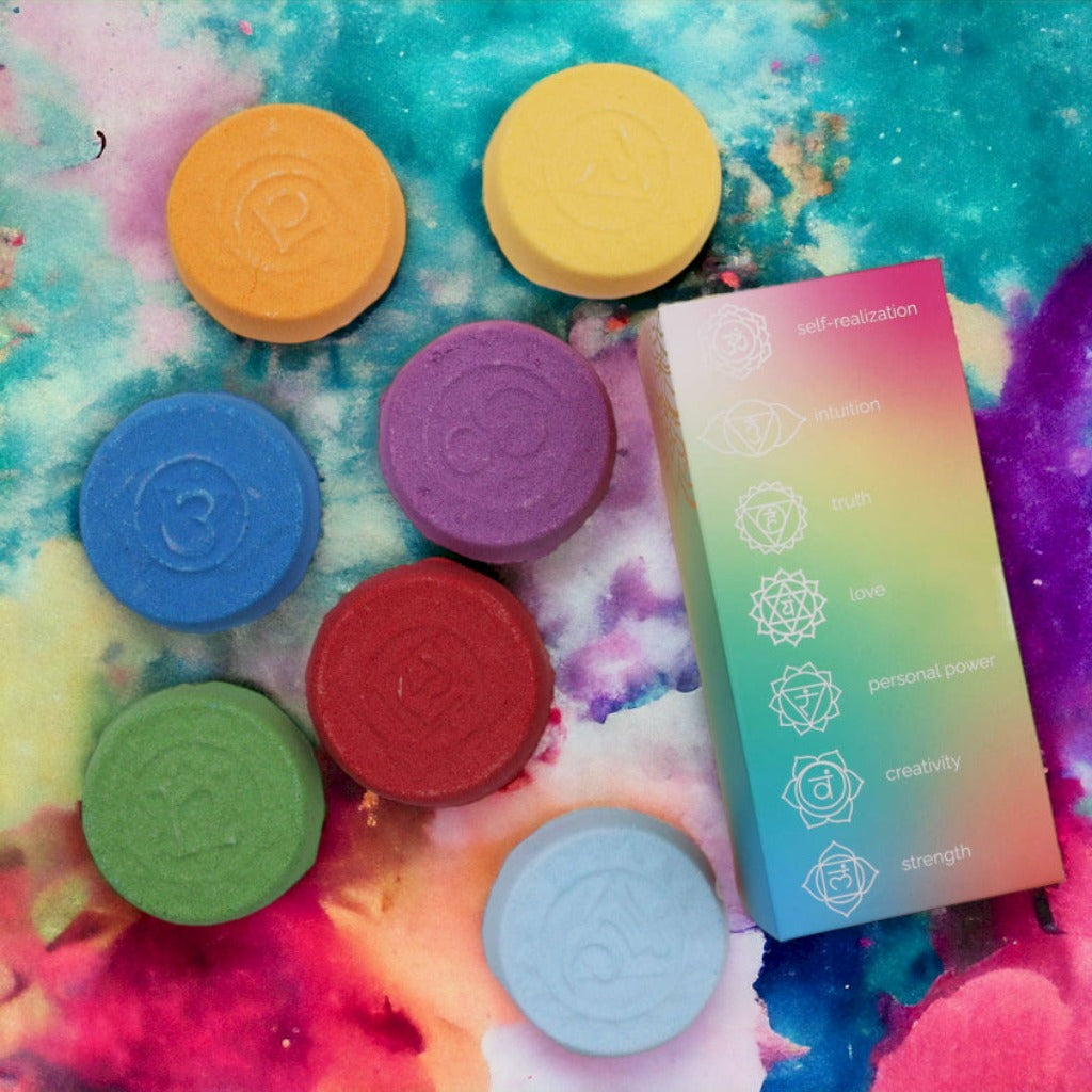 Emmy Jane - Ancient Wisdom - Bath Bomb Gift Set - Chakra Bath Fizzers Sets - Aromatherapy Bath Gift. Designed to strengthen specific aspects of your well-being and inner balance. Each Chakra Fizzer is crafted with specially chosen essential oils to unblock and harmonize each of the body's vital energy centres. Ideal for those seeking a holistic approach to self-care or as a unique gift for loved ones.