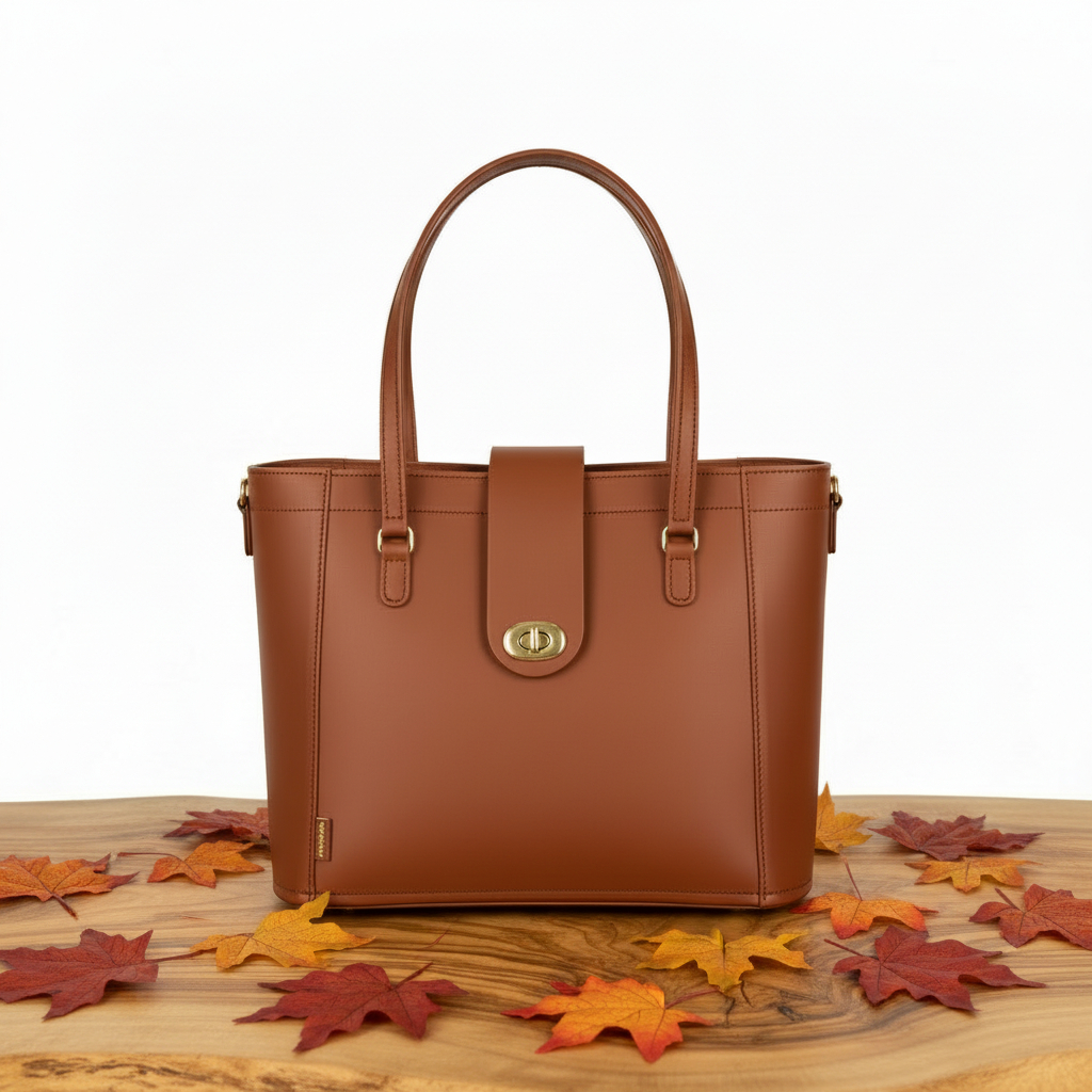 A structured brown leather tote bag with double top handles and a gold-tone clasp, displayed on a wooden surface surrounded by scattered autumn leaves against a white background.