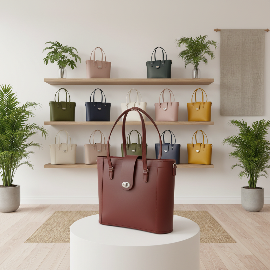 A structured leather tote bag in reddish-brown sits on a white cylindrical pedestal in a bright, modern room. Behind it, three wooden shelves display multiple handbags in different colors, with potted plants and a beige wall hanging in the background.