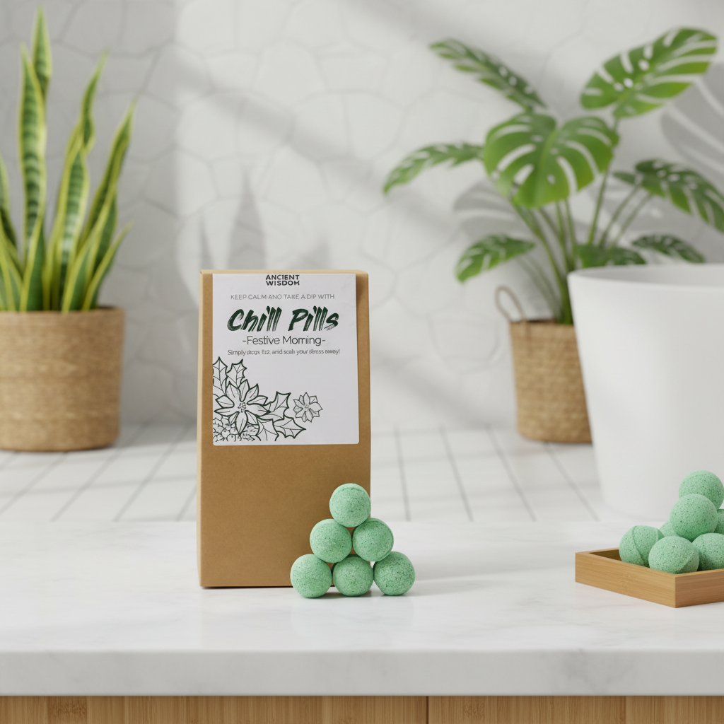 Box of 'Chill Pills' bath bombs with greenmini bath fizzers on a surface with plants in the background