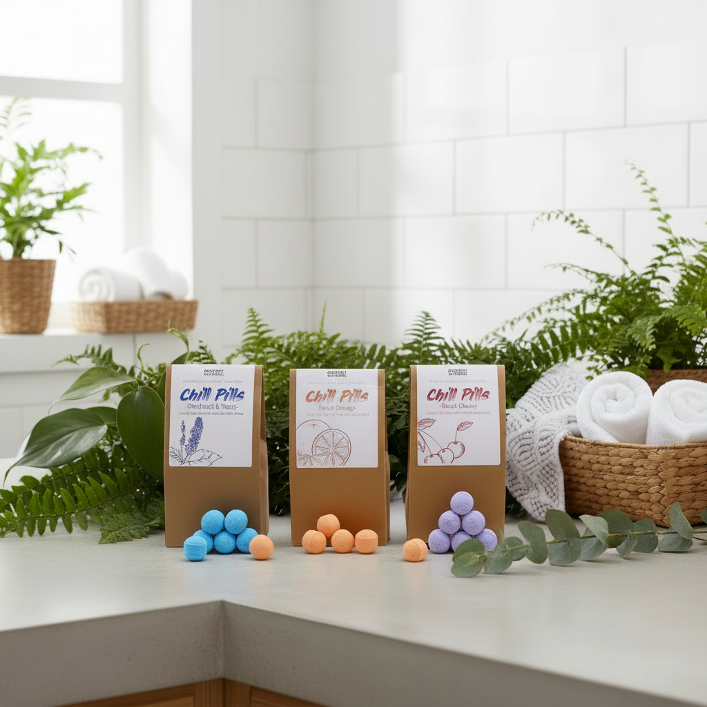 Three 'Chill Pills' packages on a kitchen counter with colorful balls and plants in the background.