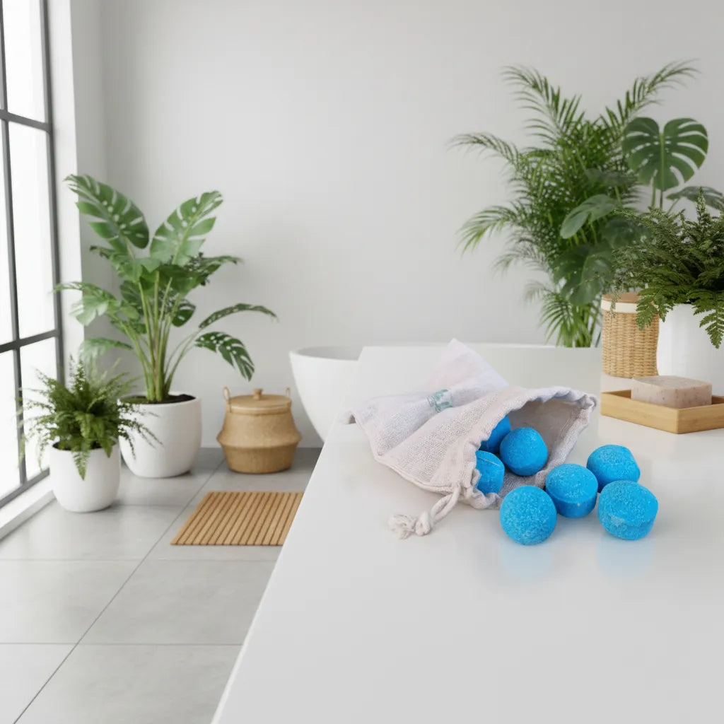 Blue bath bombs on a white surface with plants in the background