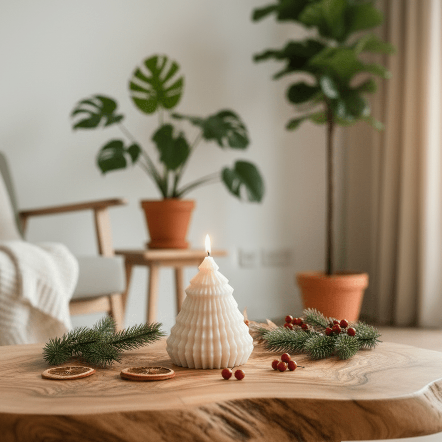 Decorative candle on a wooden table with plants and a chair in the background
