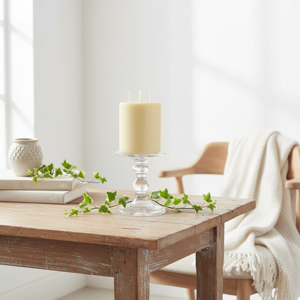 Wooden table with a candle and greenery in a bright room