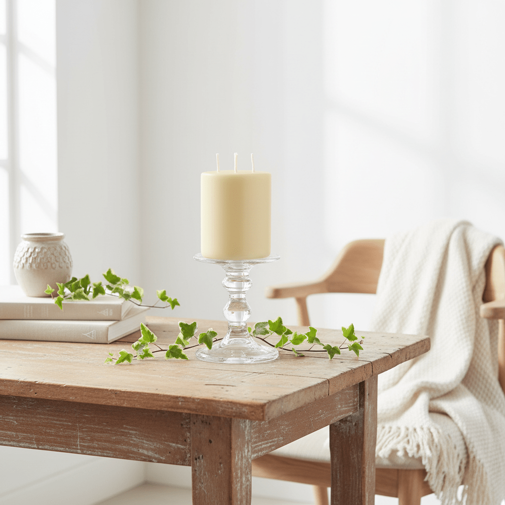 Wooden table with a candle and greenery in a bright room