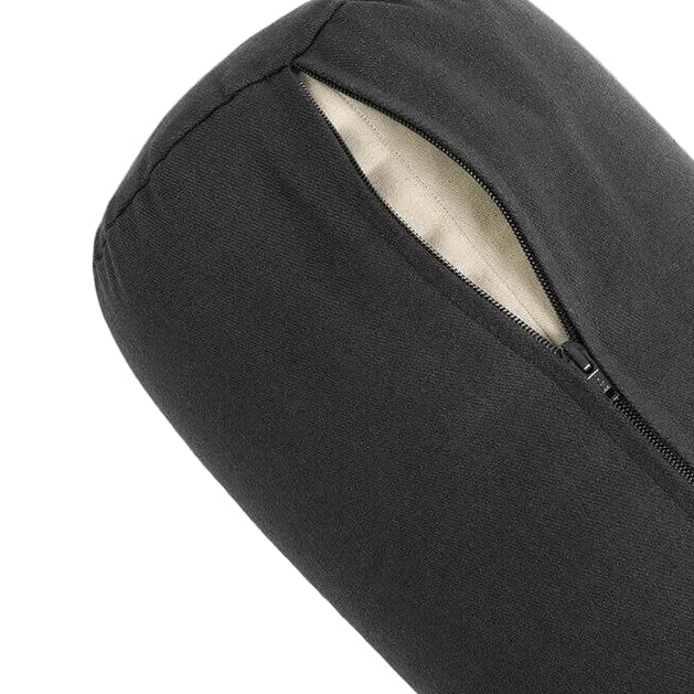 Black yoga pillow with zipper on a light grey background