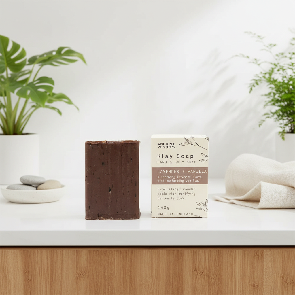 Bar of soap and its packaging on a white surface with plants in the background