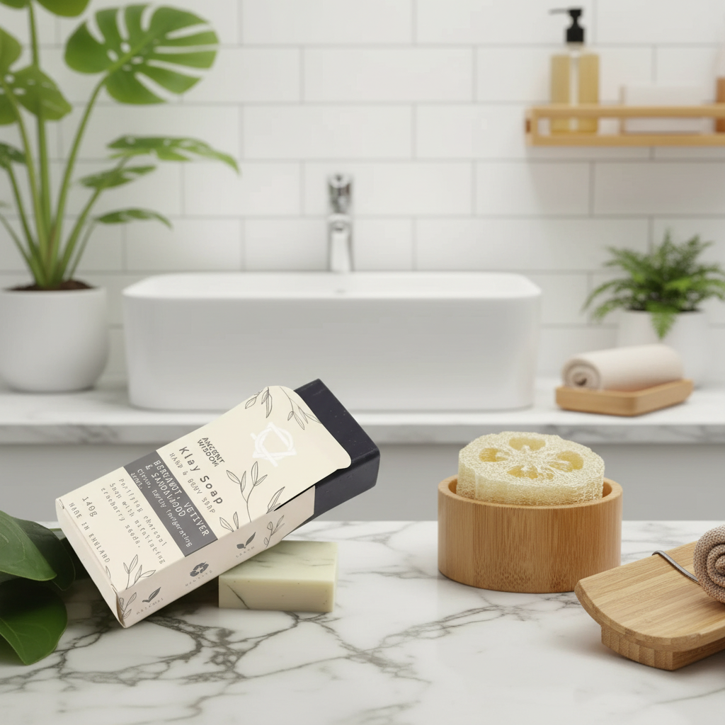 Bar of soap with packaging on a marble countertop in a bathroom setting