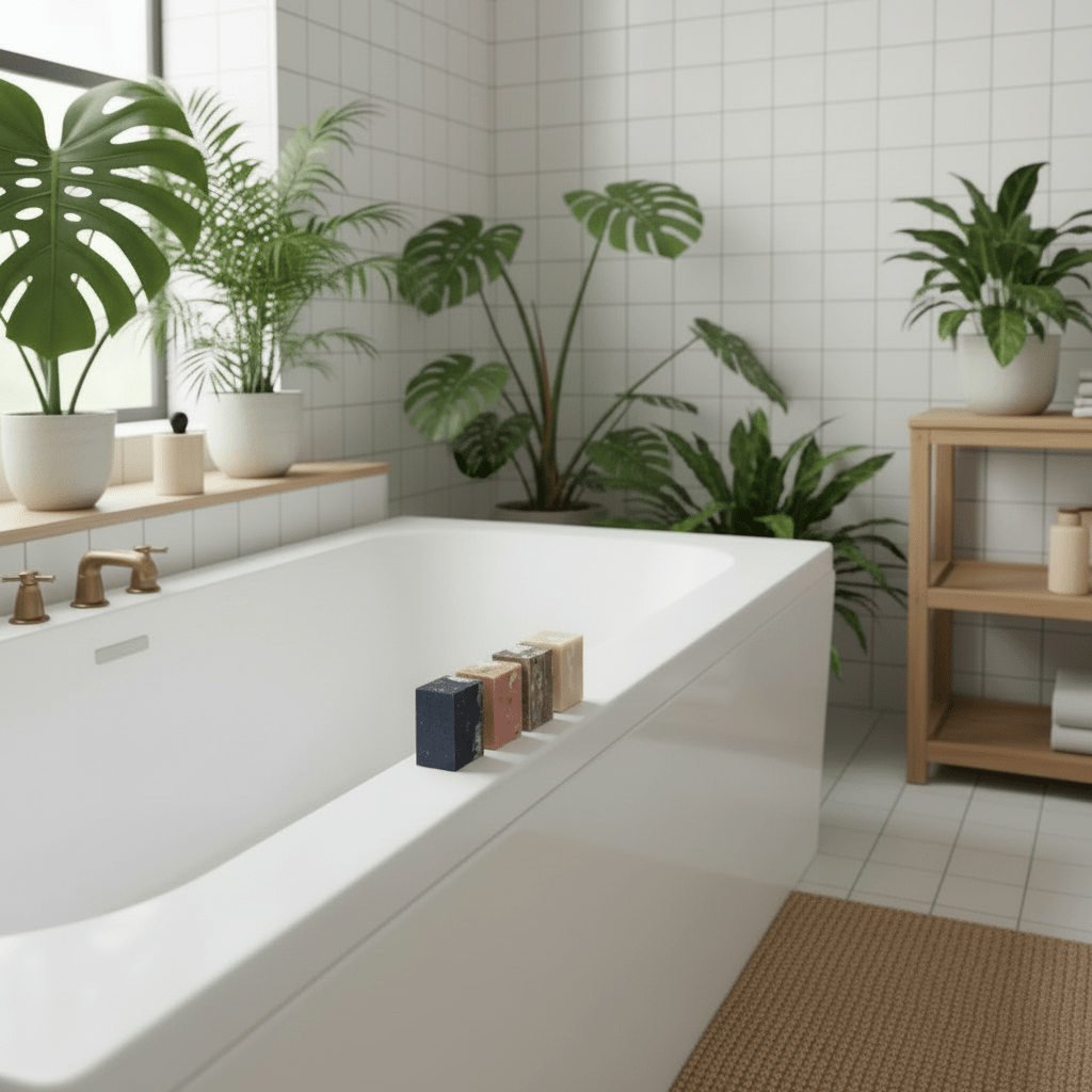 Natural clay soaps on the side of a white bath in a modern bathroom with a white bathtub, plants, and wooden shelves.