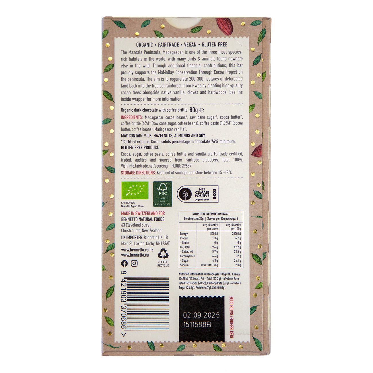 Back of a chocolate bar packaging with text and logos on a white background