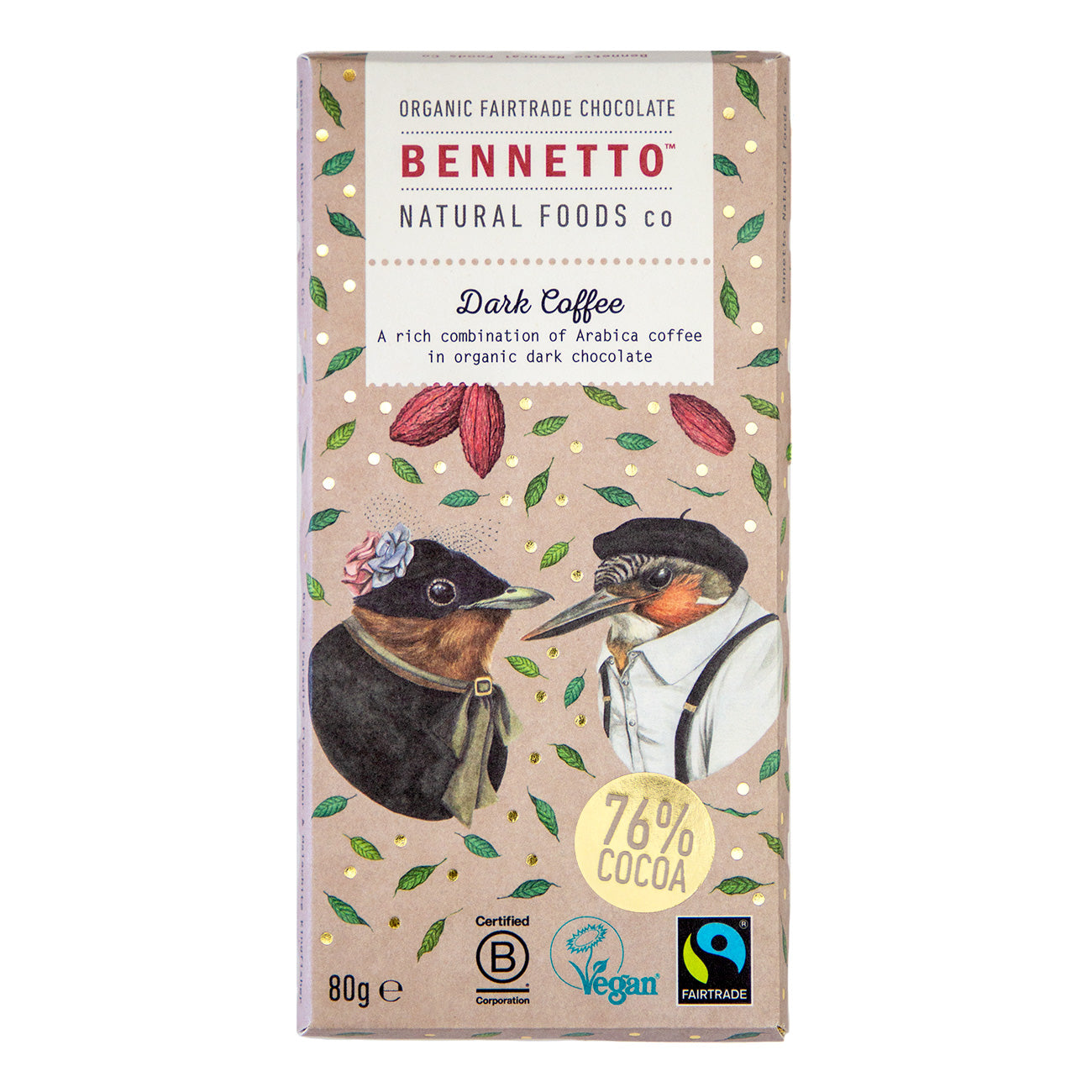 Bennetto organic fairtrade chocolate bar packaging with birds illustration