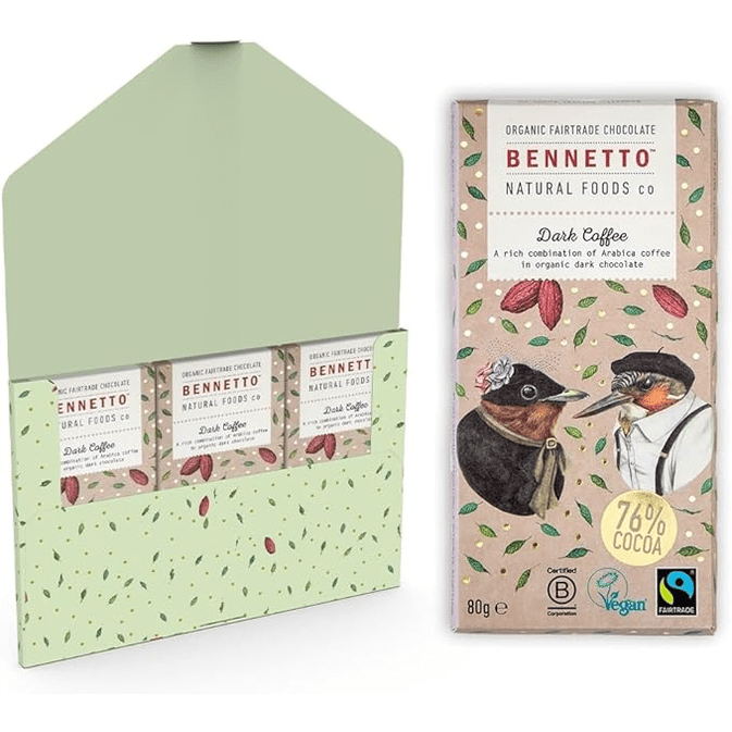 Bennetto chocolate packaging with illustrations of birds and text on a white background