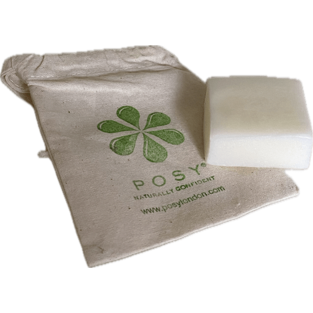 A cream conditioner bar with a cream cotton bag with green POSY logo and text on a white background