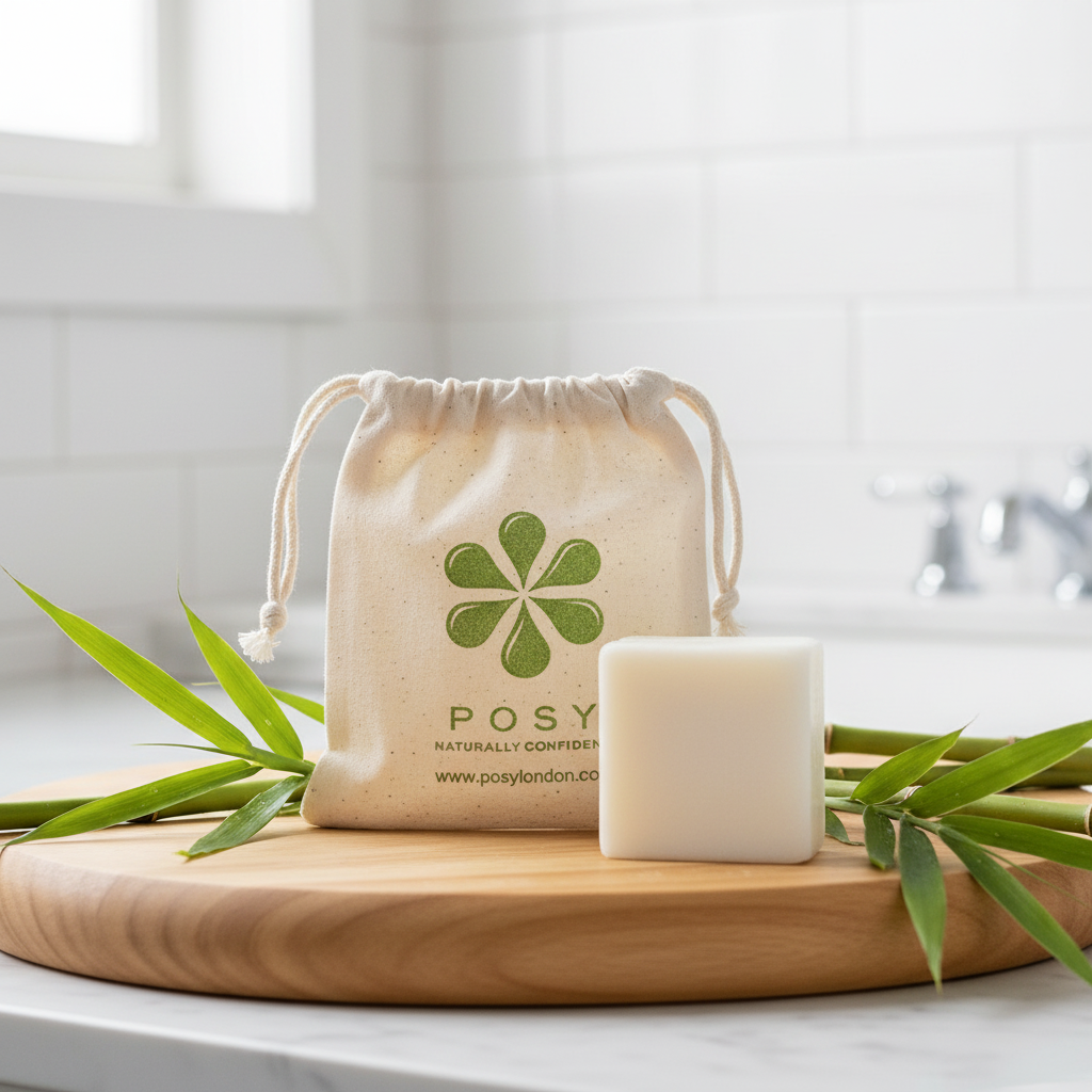 A natural beige drawstring pouch with a green four-leaf clover logo and the brand name POSY, displayed on a wooden board next to a white bar of natural conditioner and green bamboo leaves in a bright bathroom setting.