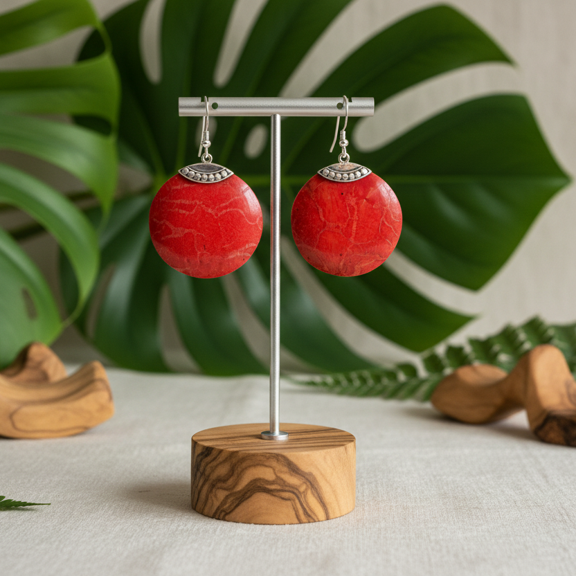 Wooden earring stand with red earrings on a wooden surface with plants in the background