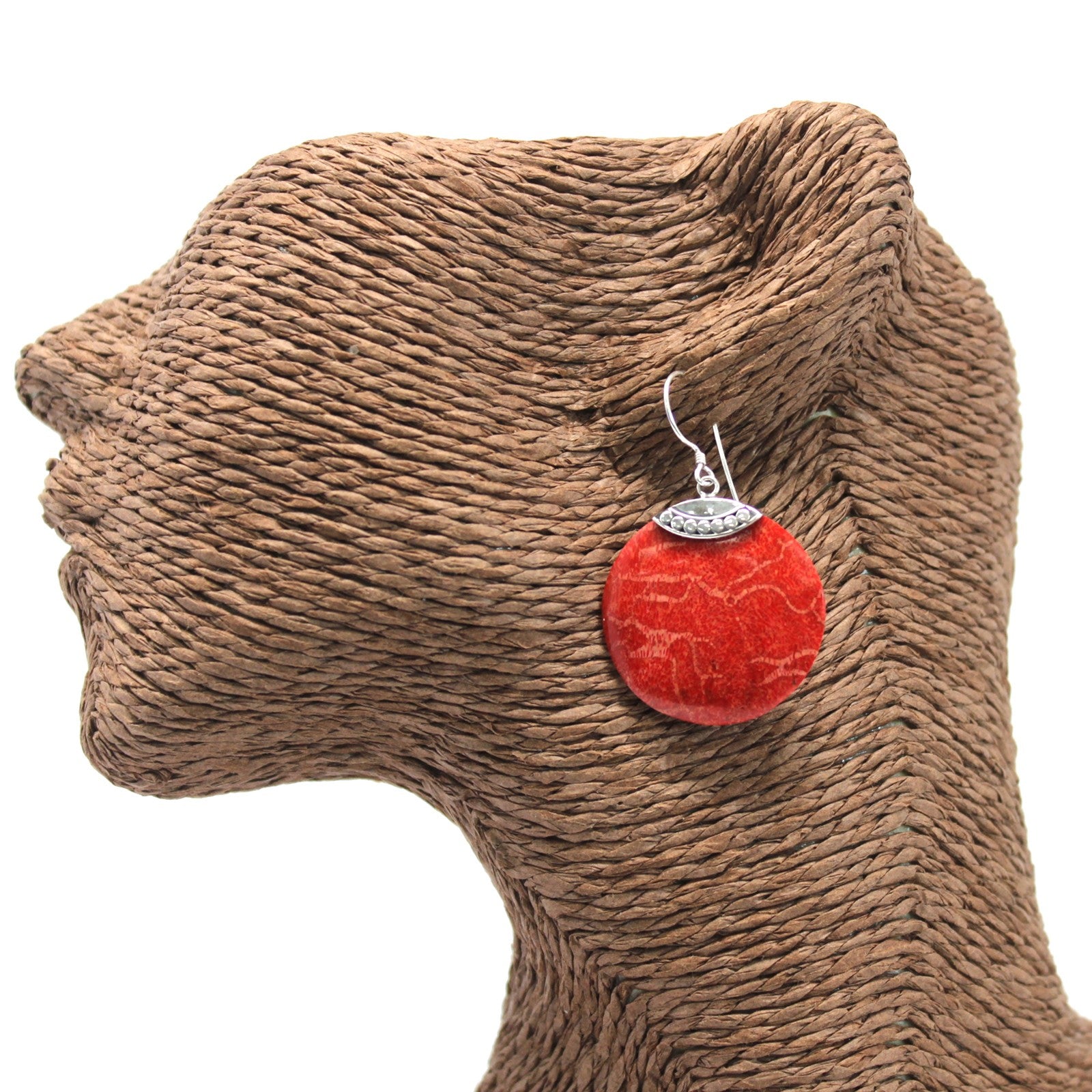 Red Coral Imitation - 925 Silver Earrings - Handmade in Bali