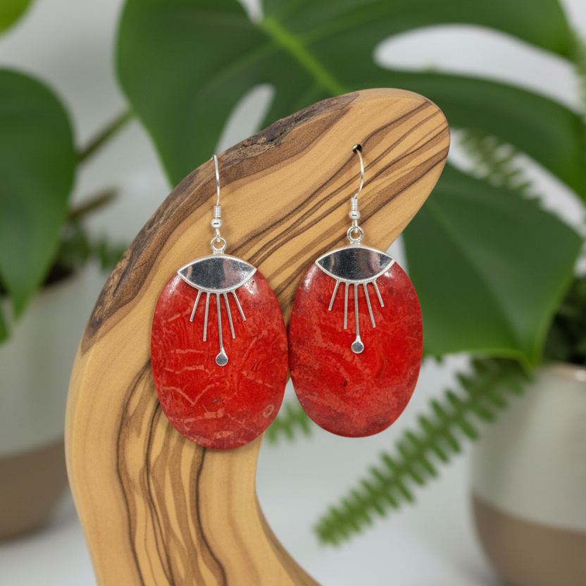 Wooden earring stand with red earrings on a wooden surface with plants in the background